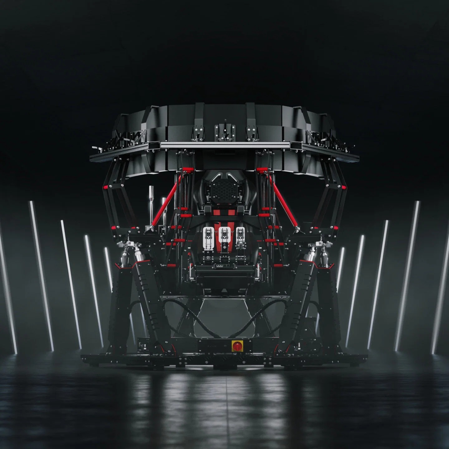 Professional racing simulator rig with motion platform, direct-drive steering and triple-screen cockpit