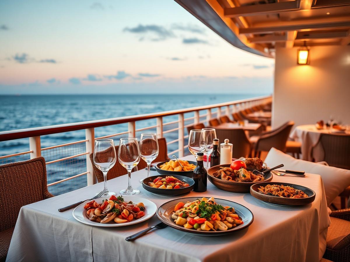 Mediterranean dining on deck at dusk