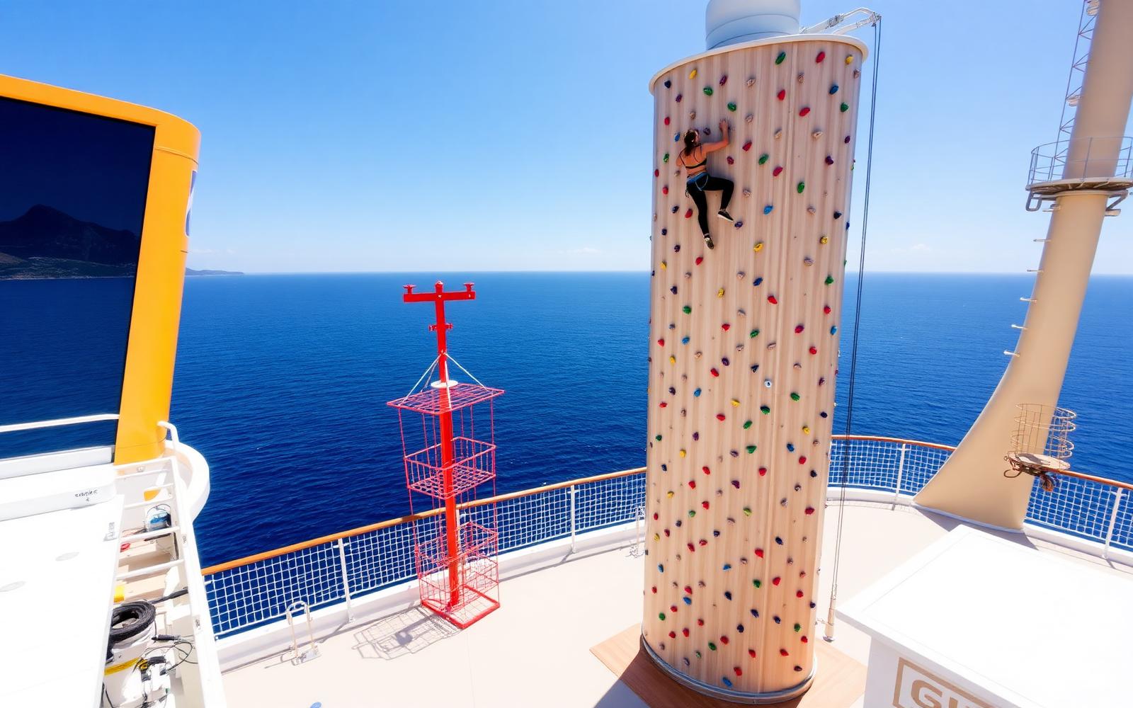 Climbing wall on the top deck of a cruise ship above the ocean