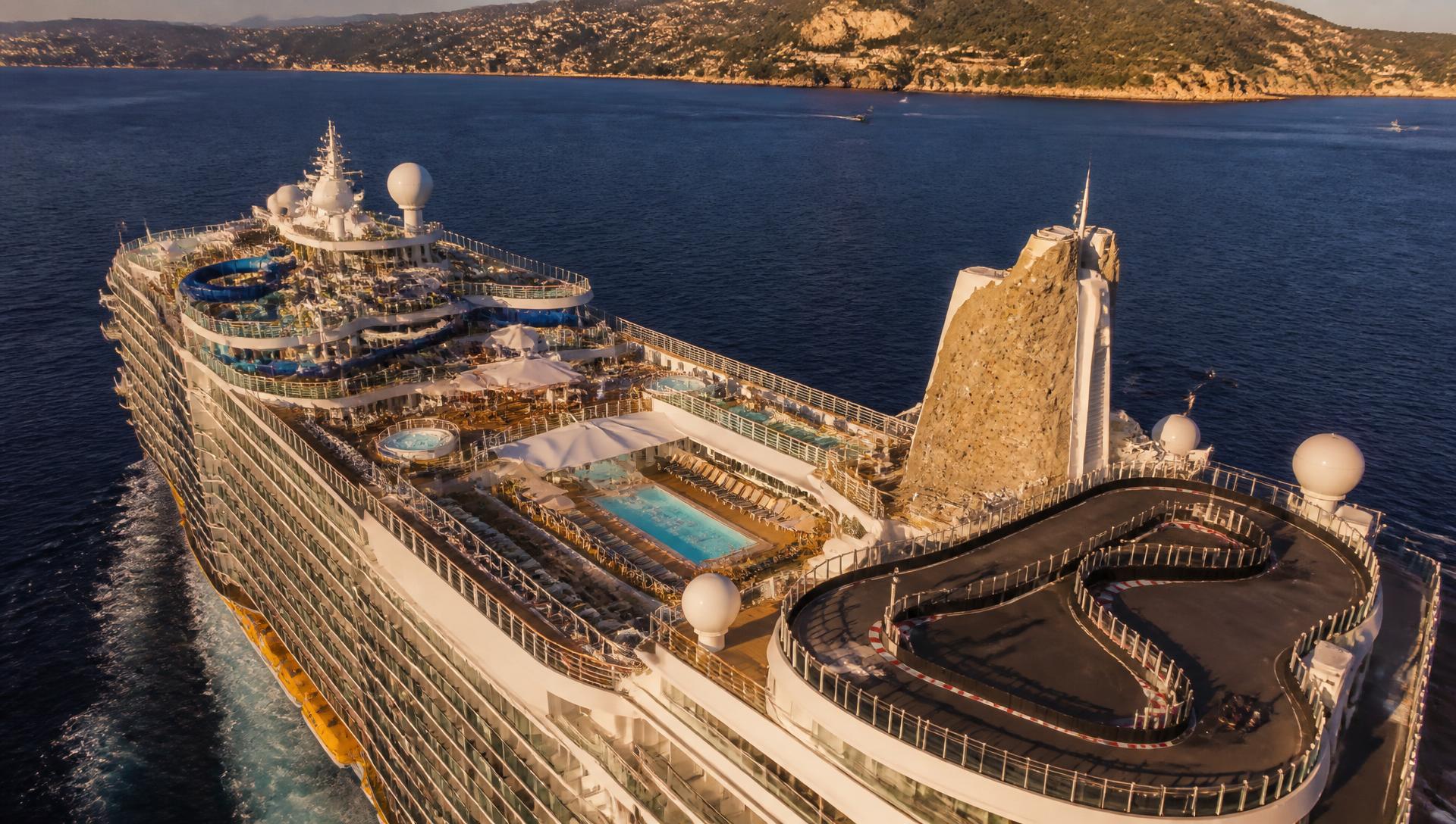 A MareViva cruise ship at sea with pools, waterslides, a climbing wall and a kart track on the top decks