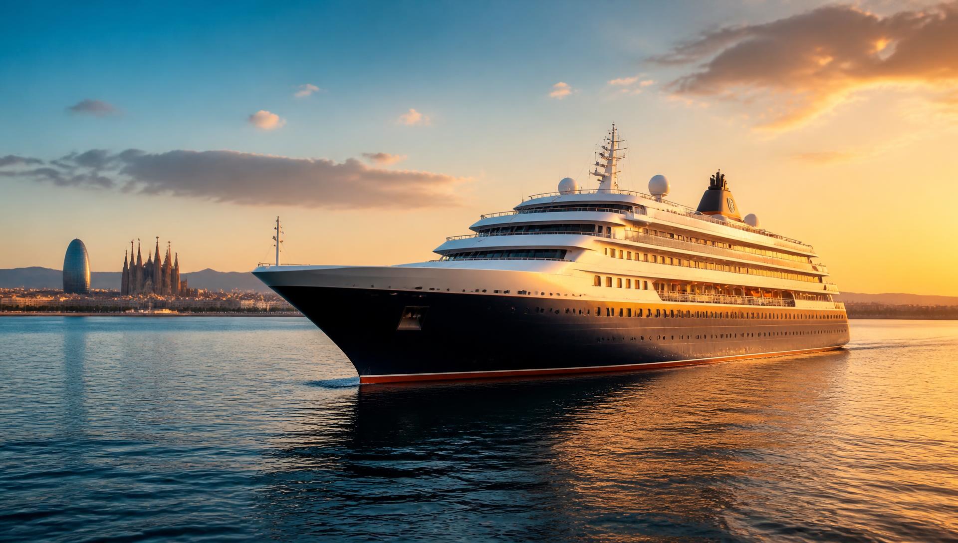 A MareViva cruise ship sailing on the Mediterranean at golden hour, with the Barcelona skyline in the distance