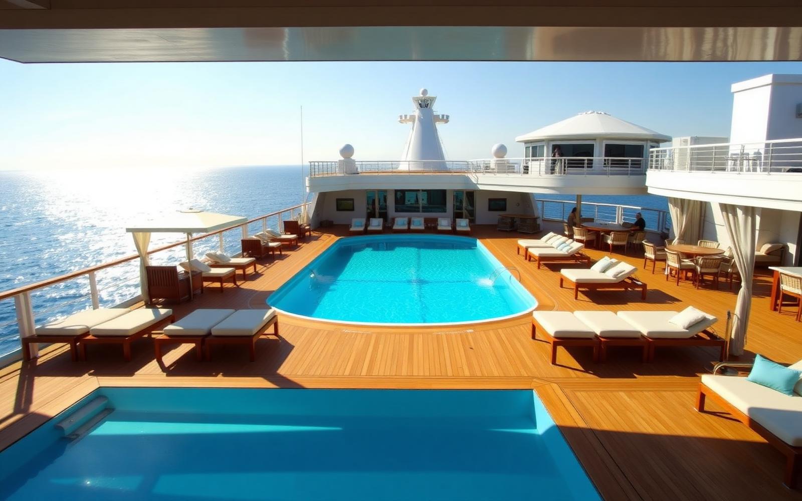 Resort-style cruise ship pool deck with sun loungers and an ocean view