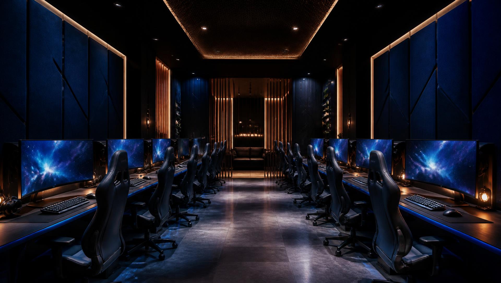 Rows of gaming stations in the MareViva PC Gaming Lounge